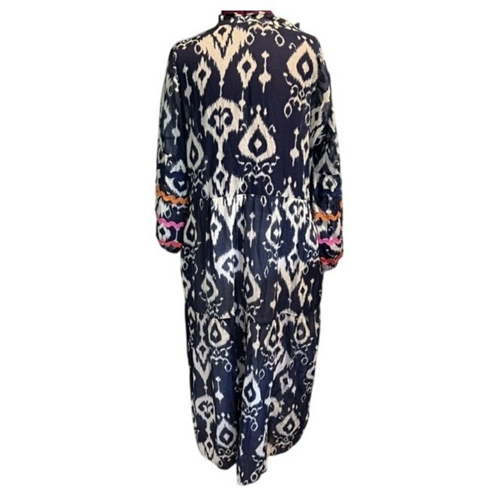 Vilagallo Navy Tammy Ikat Print Tiered Midi Dress Rickrack Trim Split Neck L - Picture 4 of 10
